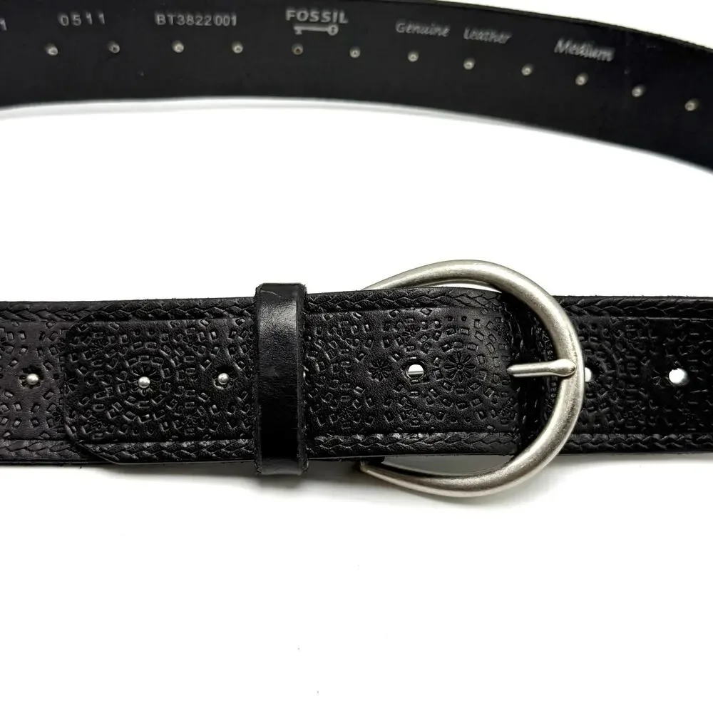 Fossil Boho Western Belt M 30-36 Black Tooled Leather Studded Hippie Cowgirl